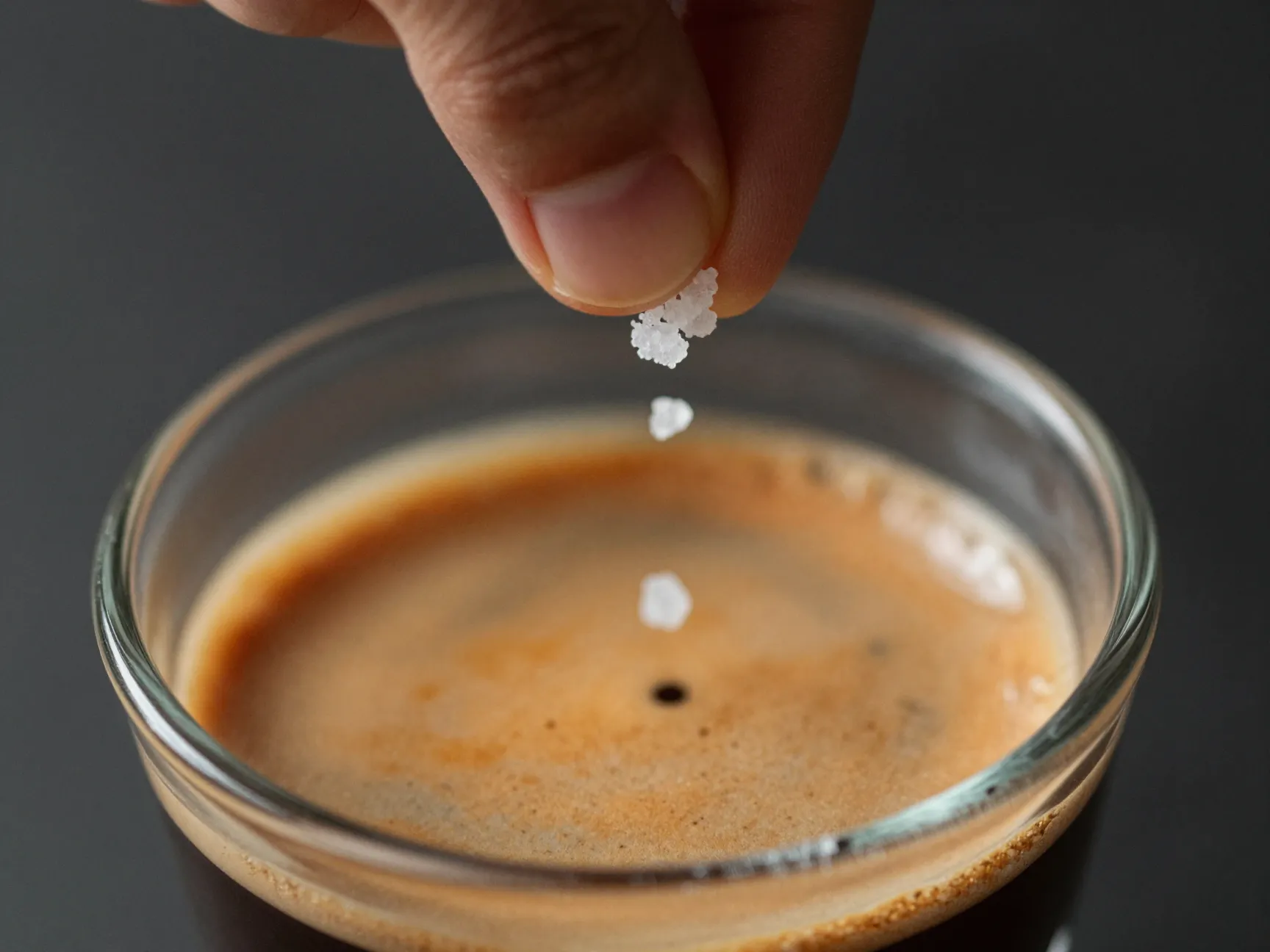 A micro pinch of sea salt being added to a shot of espresso