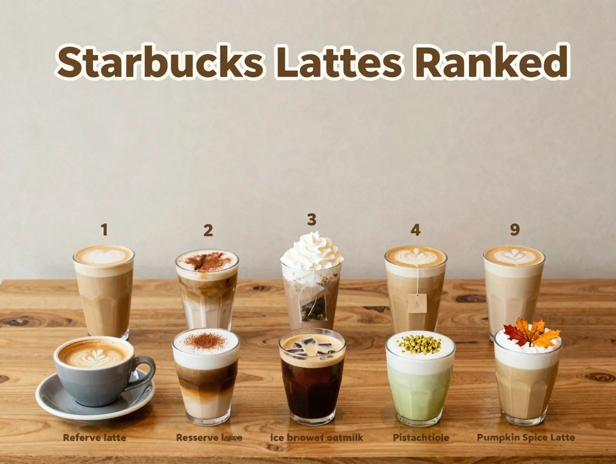 Nine starbucks lattes ranked flat lay sequence classic to creative