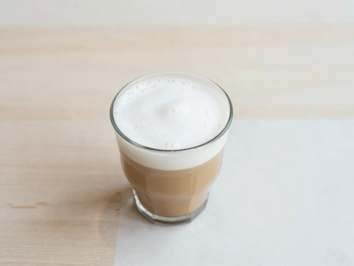 A simple caffe latte with espresso and steamed milk in a clear glass