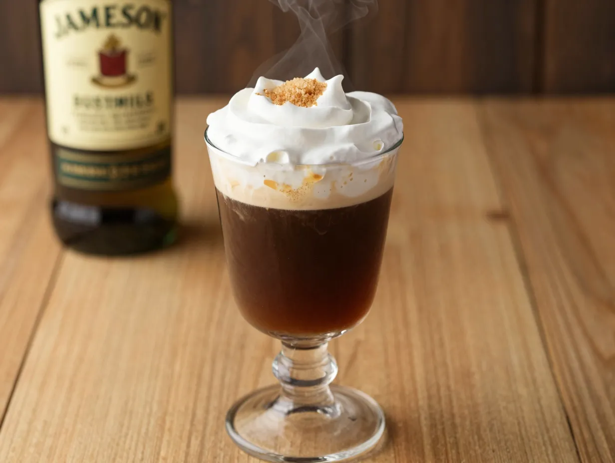 Classic irish coffee with whiskey sugar and layered whipped cream in a warm mug