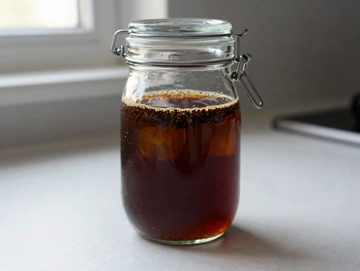 Cold brew concentrate in a glass jar steeping for sixteen hours