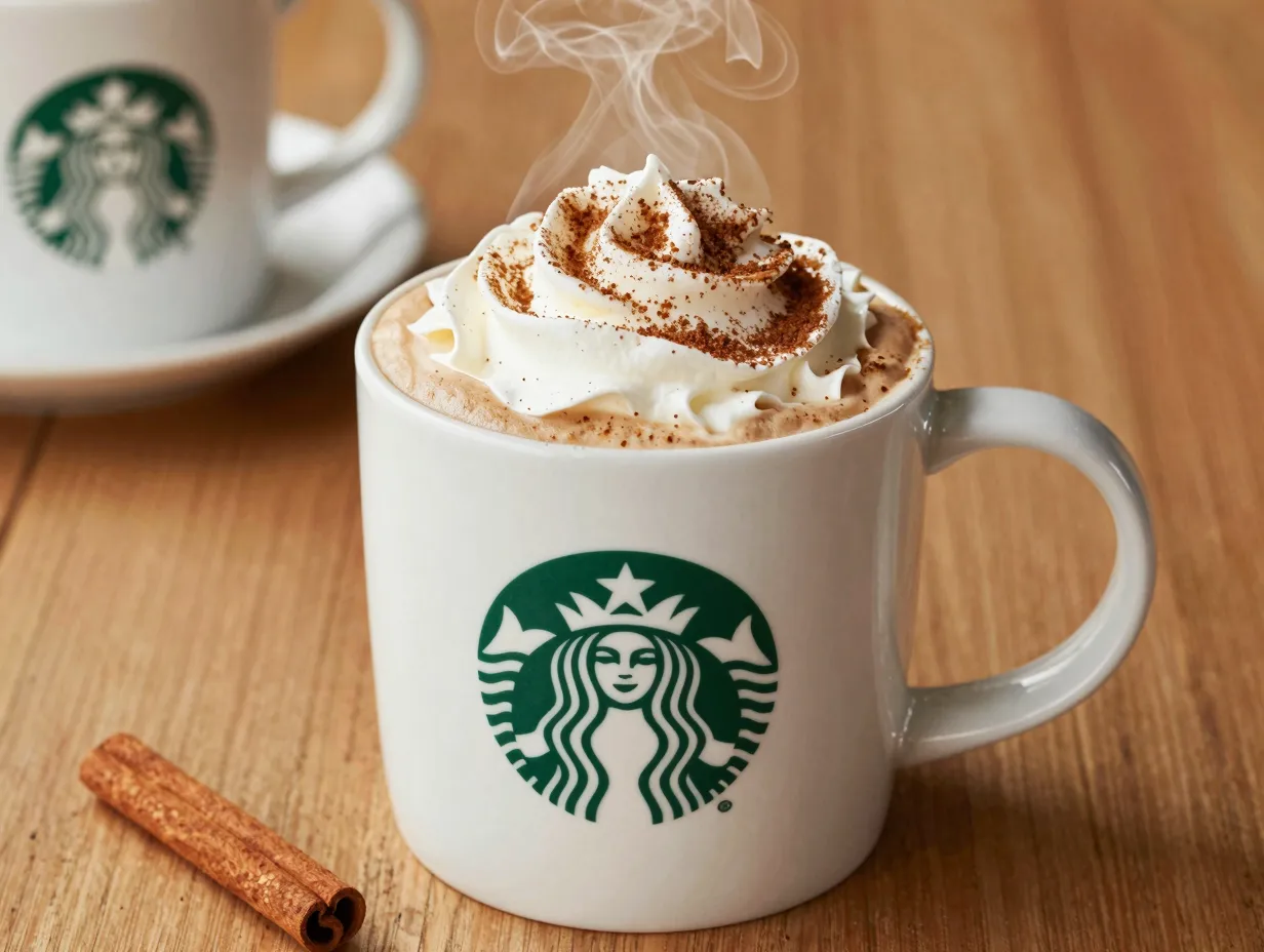 A hot cinnamon dolce latte in a white ceramic mug