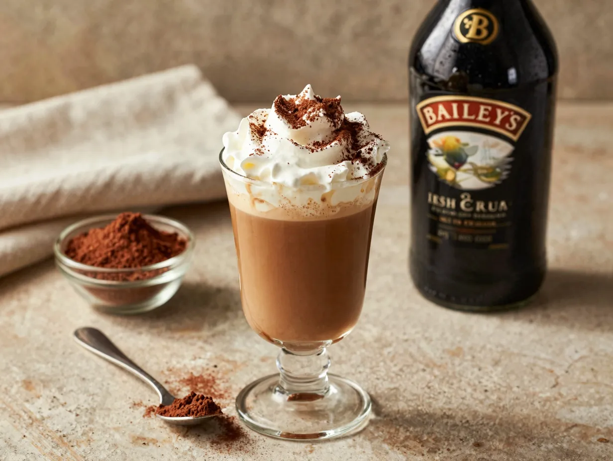 Baileys irish coffee with whiskey cream liqueur and cocoa powder dusting