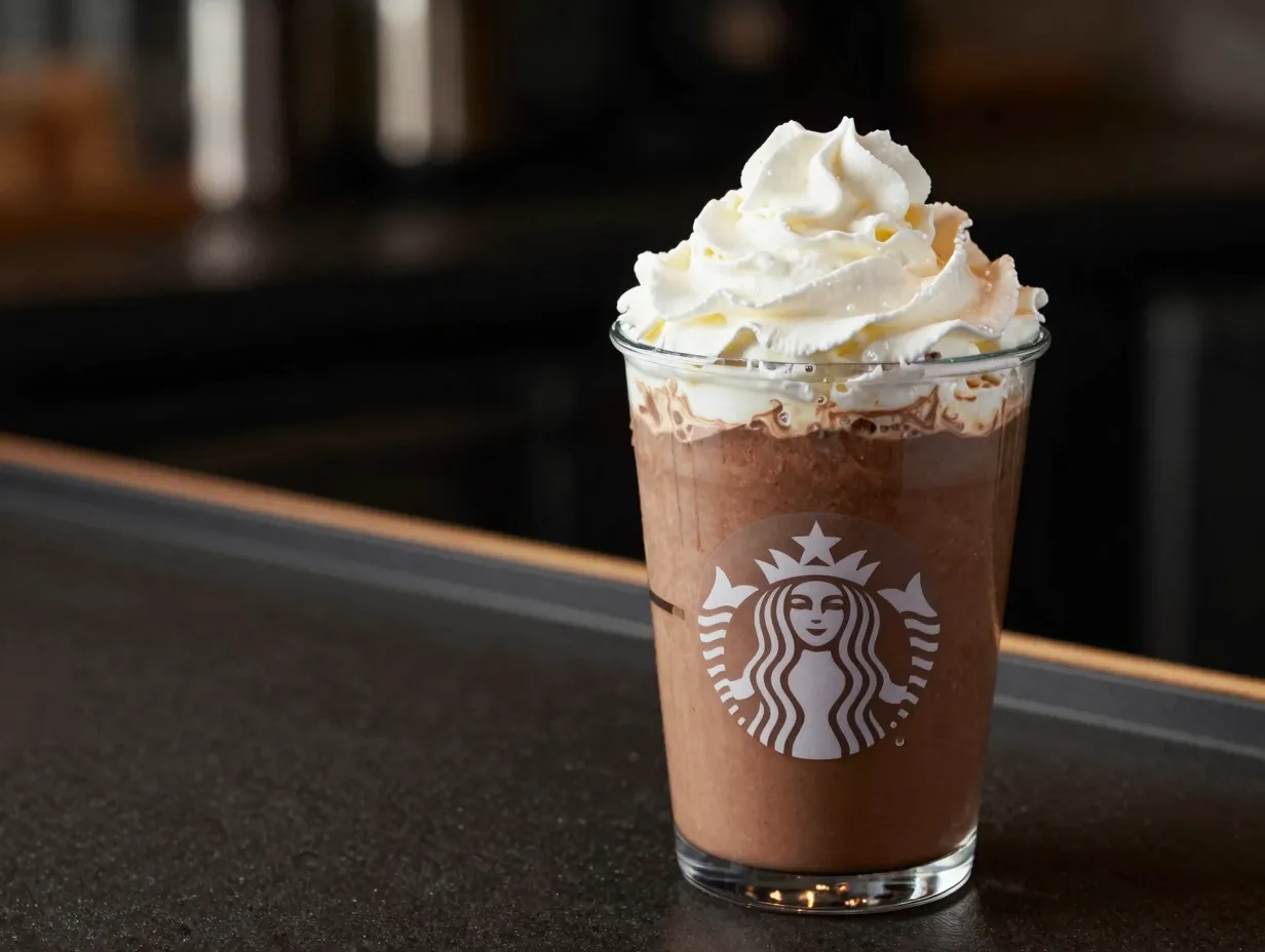 A rich white chocolate mocha in a clear glass cup with whipped cream