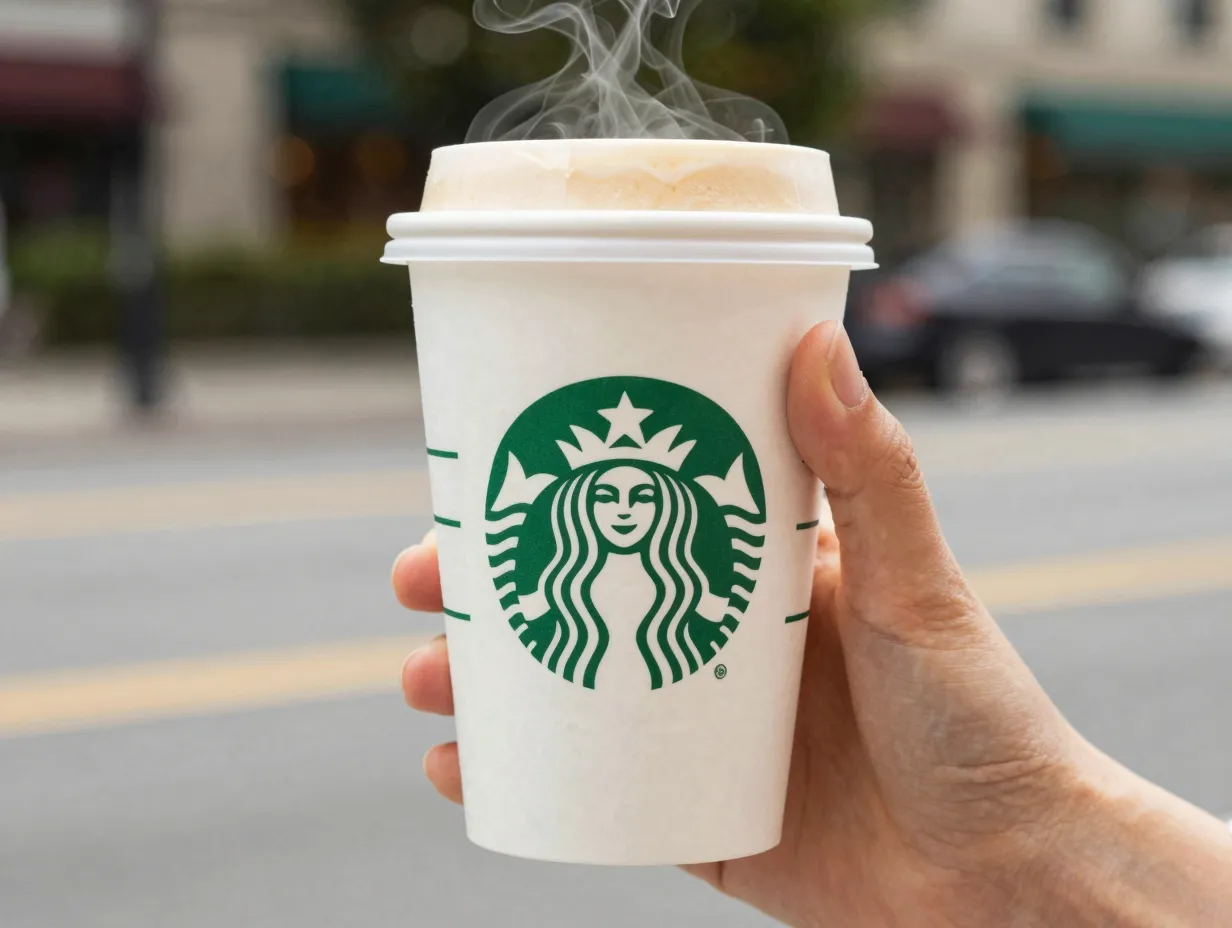 A balanced blonde vanilla latte in a starbucks paper cup