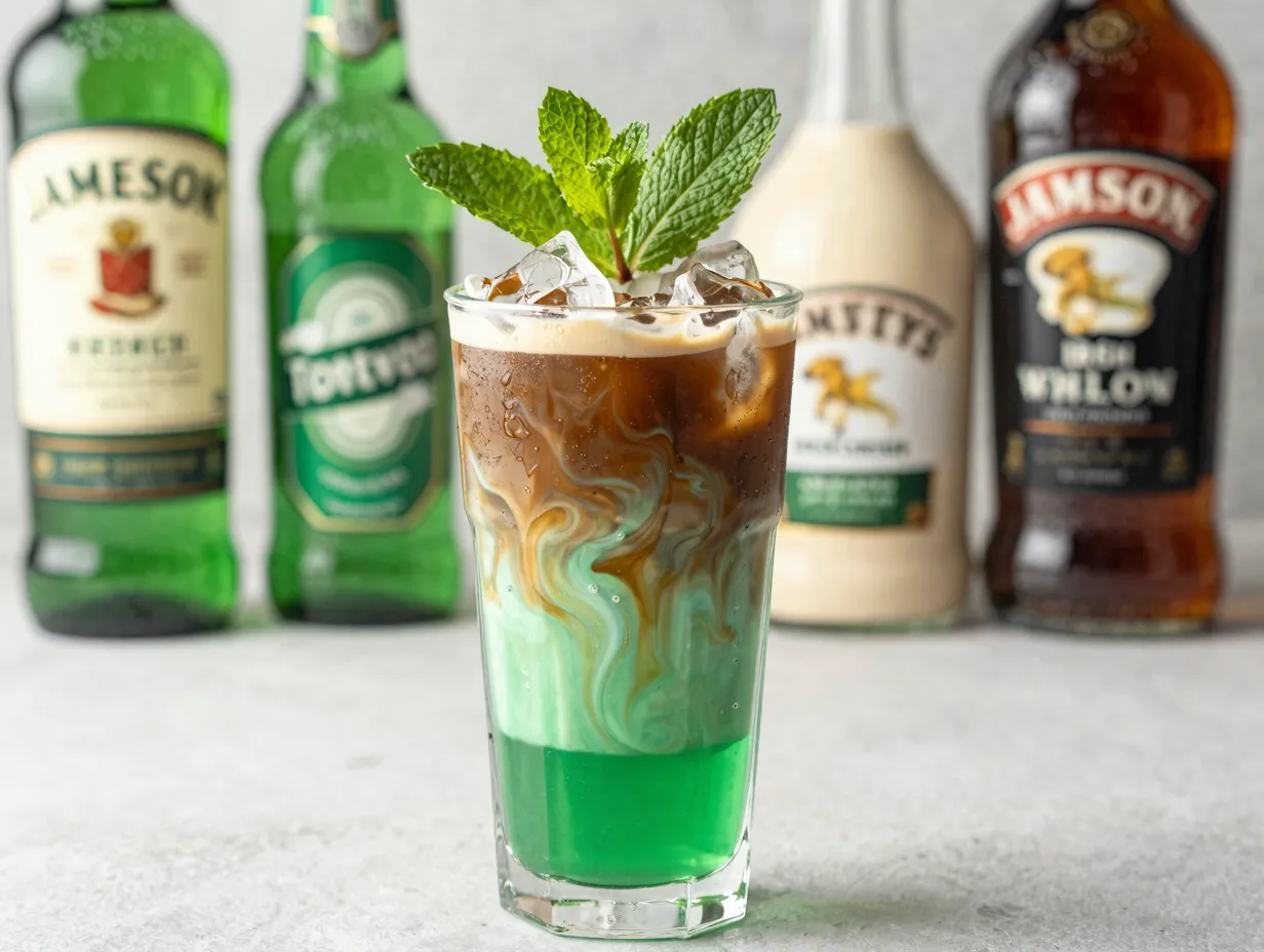 Mint irish iced coffee with green creme de menthe and fresh mint sprig
