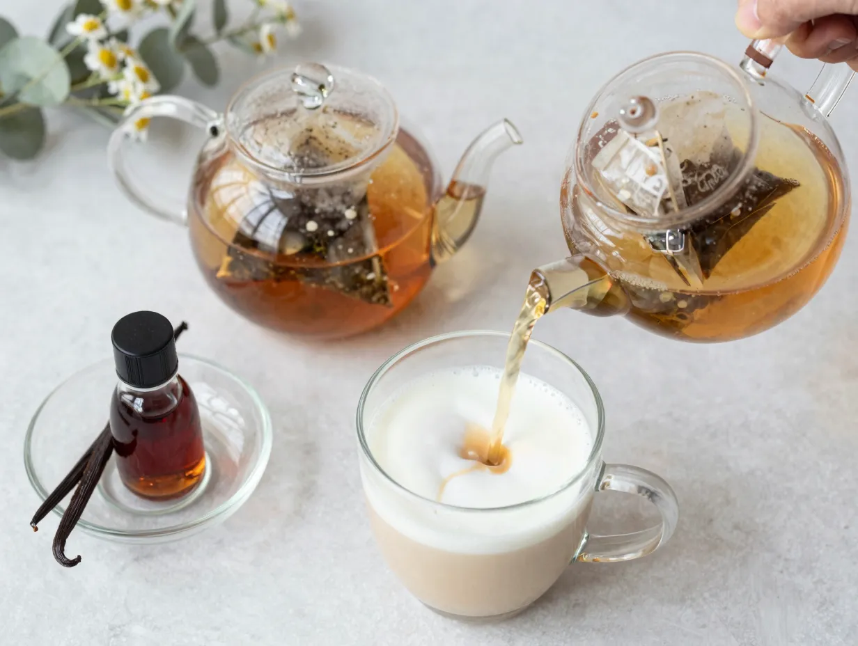 An elegant london fog tea latte in a clear glass teapot and cup