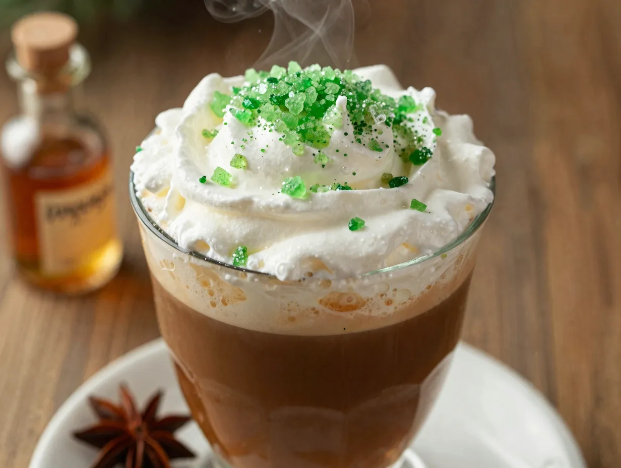 Hot minty irish coffee with peppermint extract and green sugar crystals