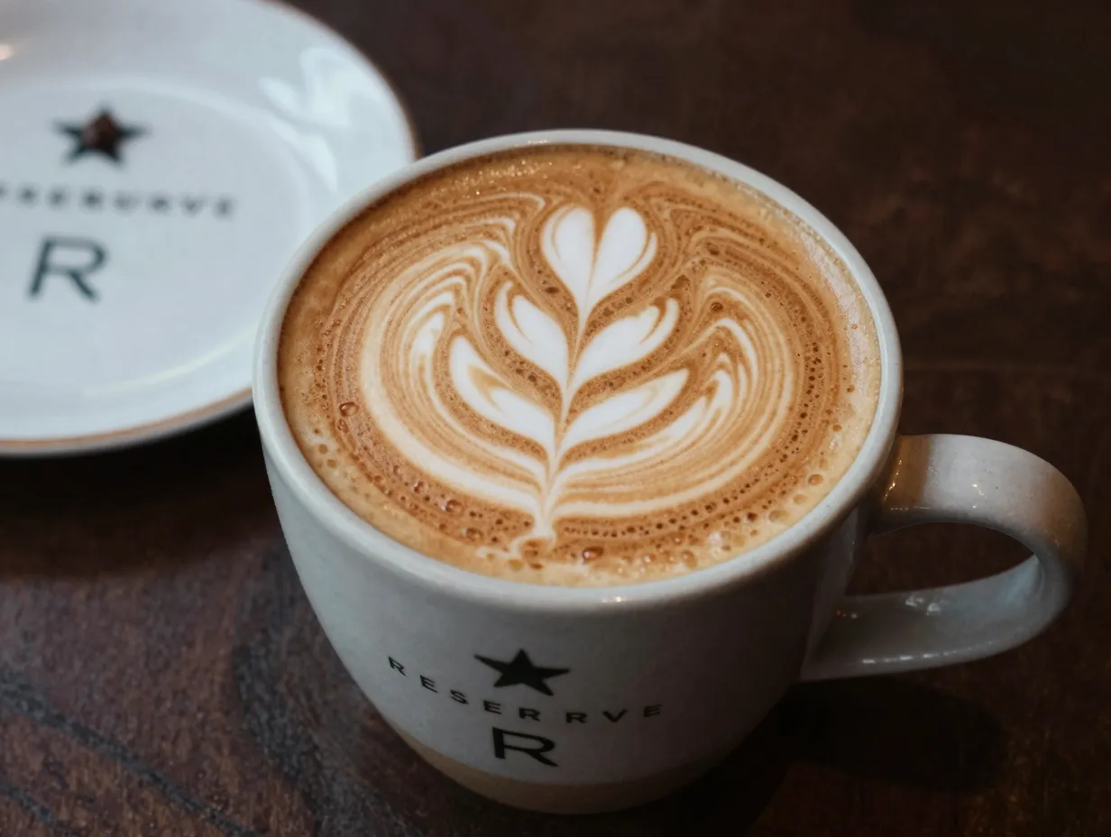 A premium starbucks reserve latte with latte art