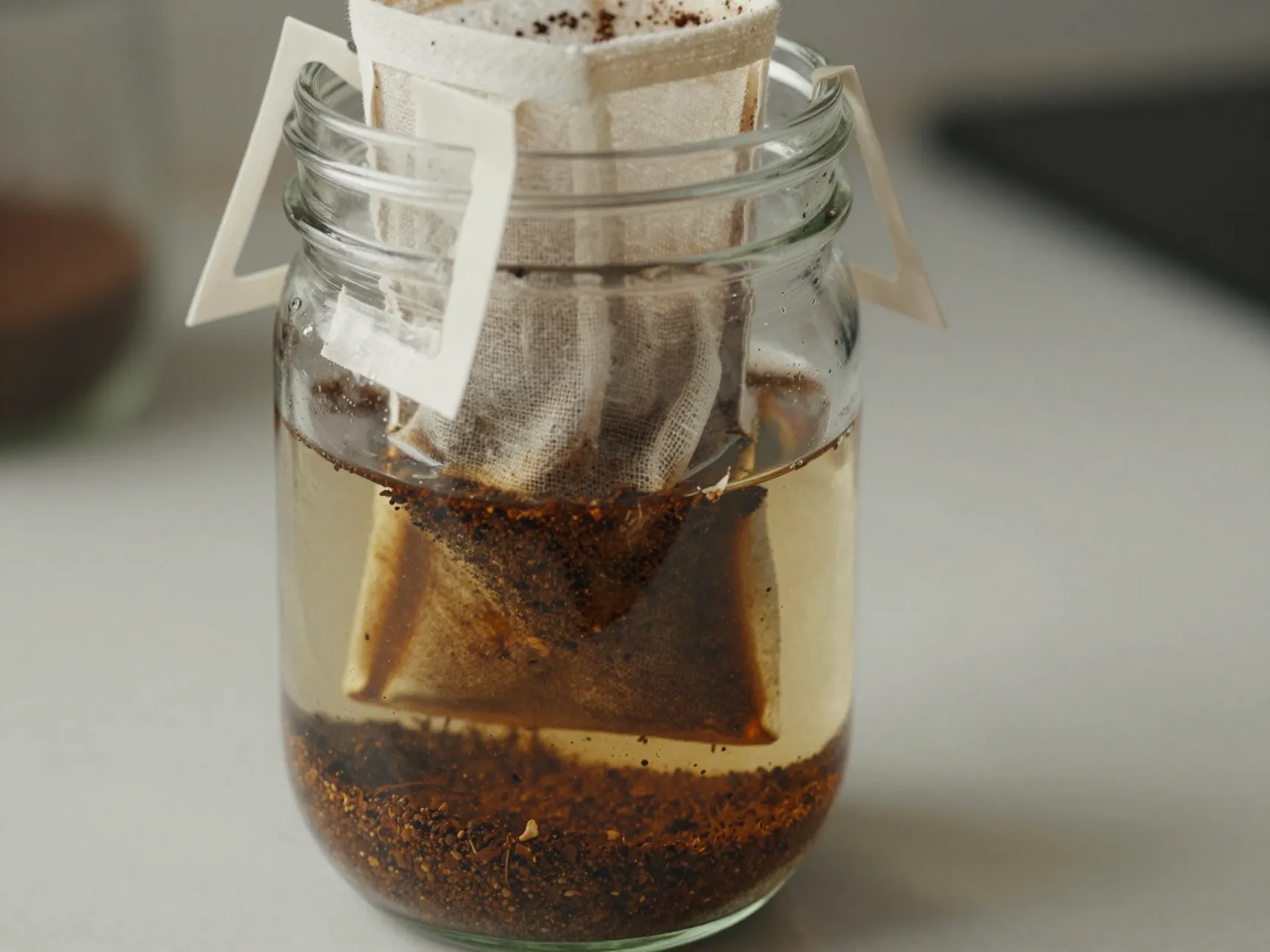 Reusable cotton coffee sock steeping in a mason jar
