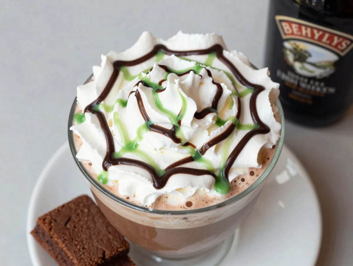 Irish mocha latte with chocolate syrup whiskey and creme de menthe drizzle