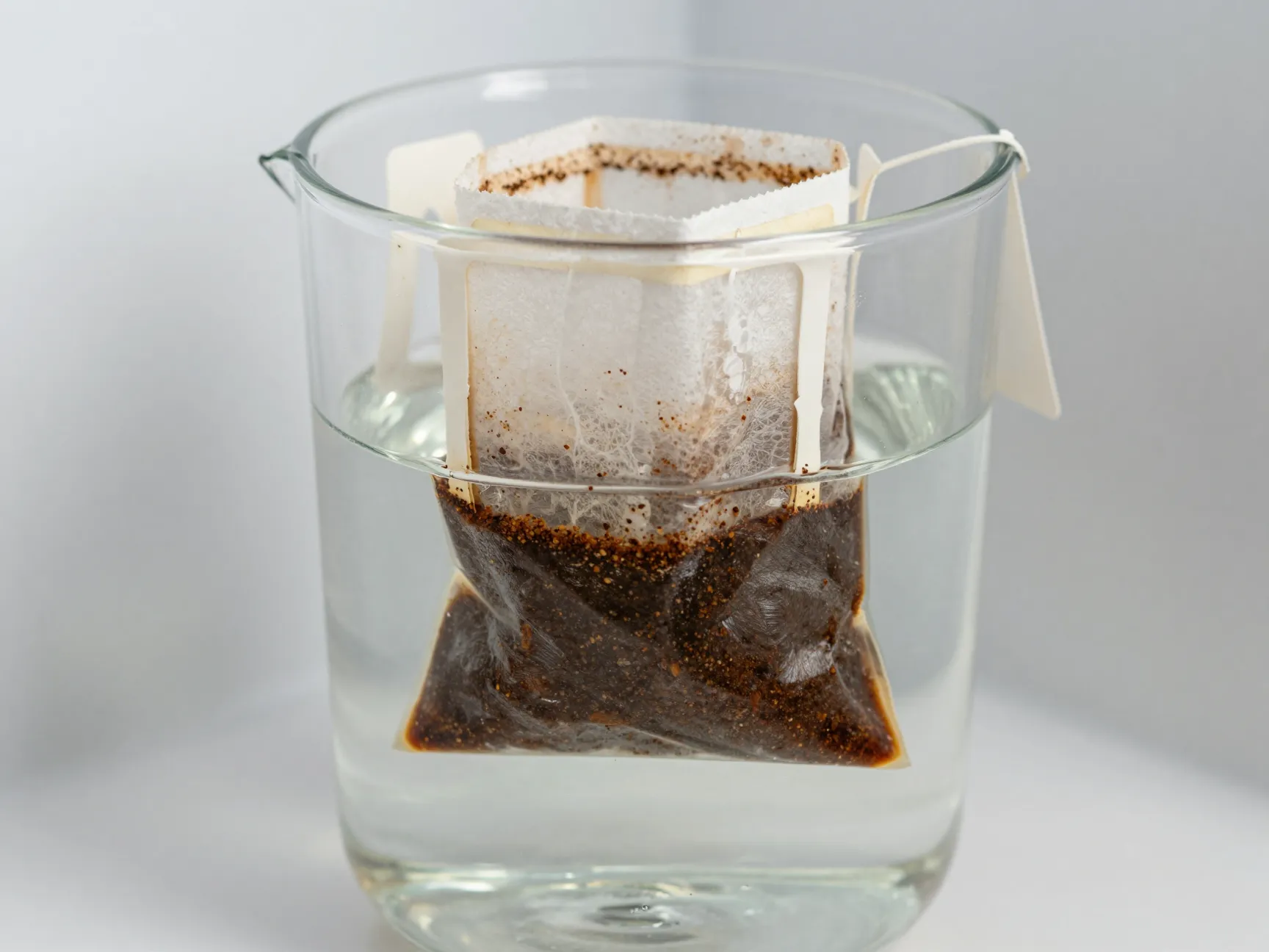 Large cold brew coffee bag steeping in a pitcher of water