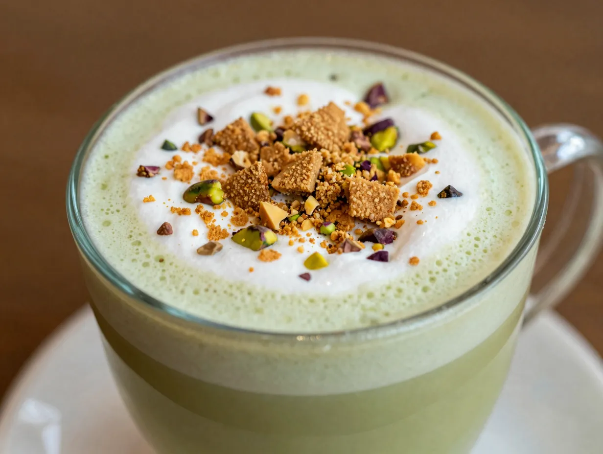 A seasonal pistachio latte with salted butter cookie crumbles