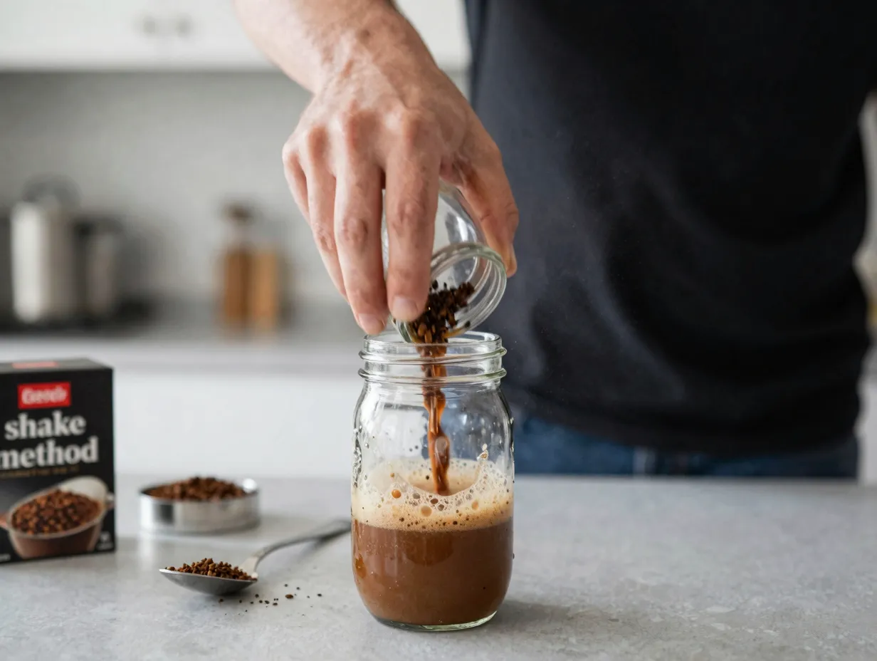 Instant coffee being shaken in a small glass bottle vigorously
