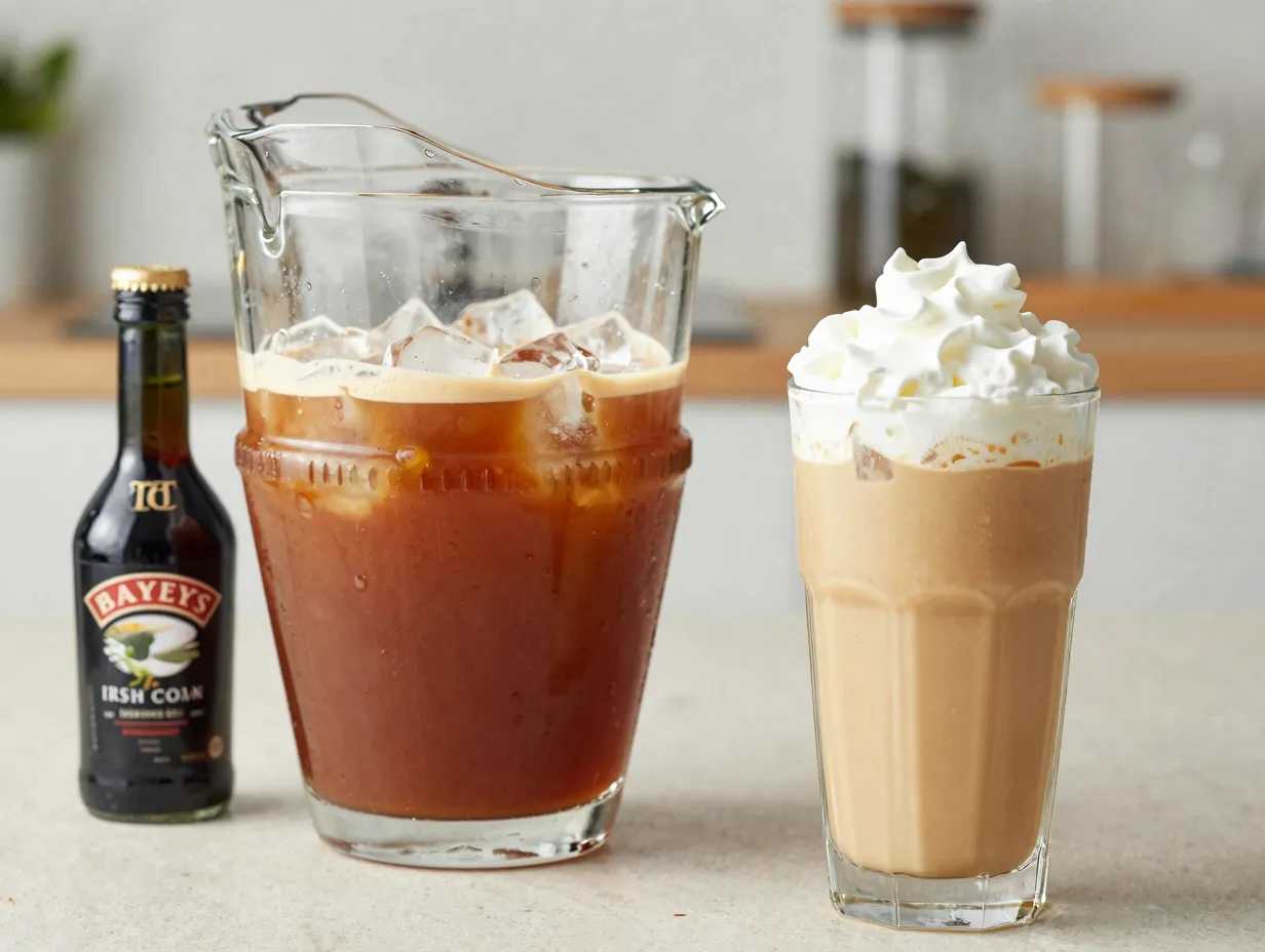 Irish cream cold brew with vanilla extract ice and whipped cream topping