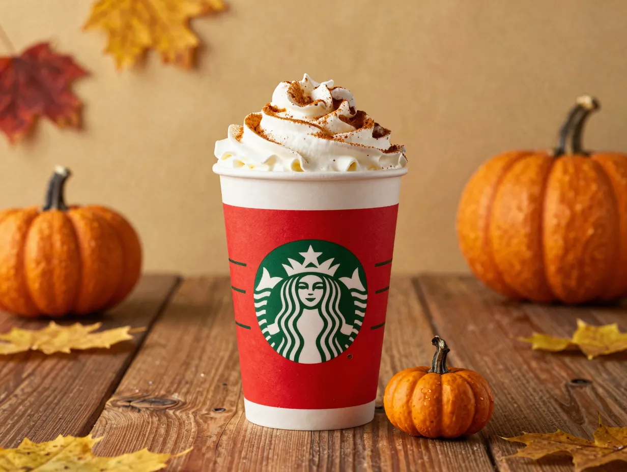 An iconic pumpkin spice latte in a seasonal starbucks cup