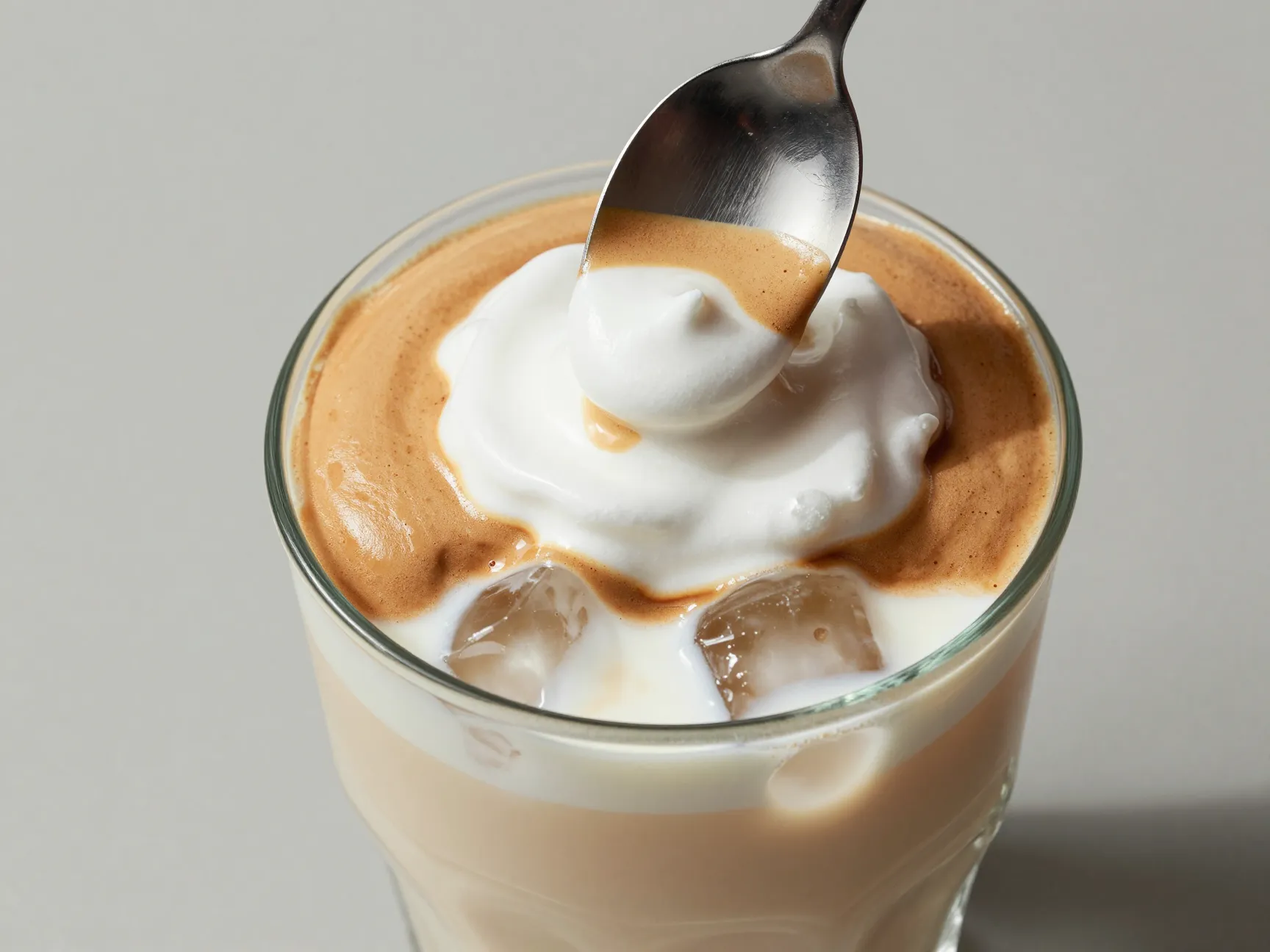 Whipped dalgona coffee foam spooned over a glass of milk and ice