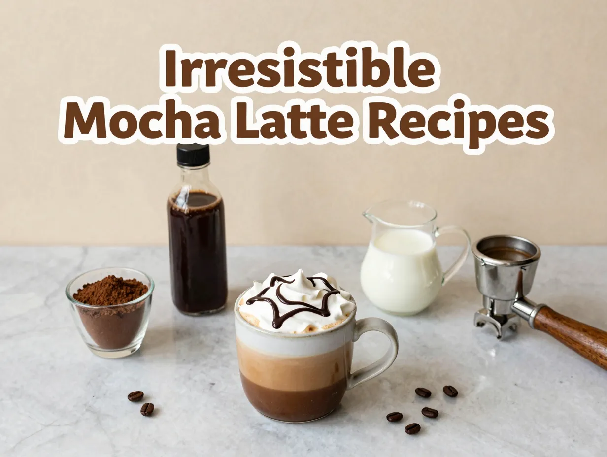 Mocha latte recipes ingredients espresso chocolate milk mug flatlay