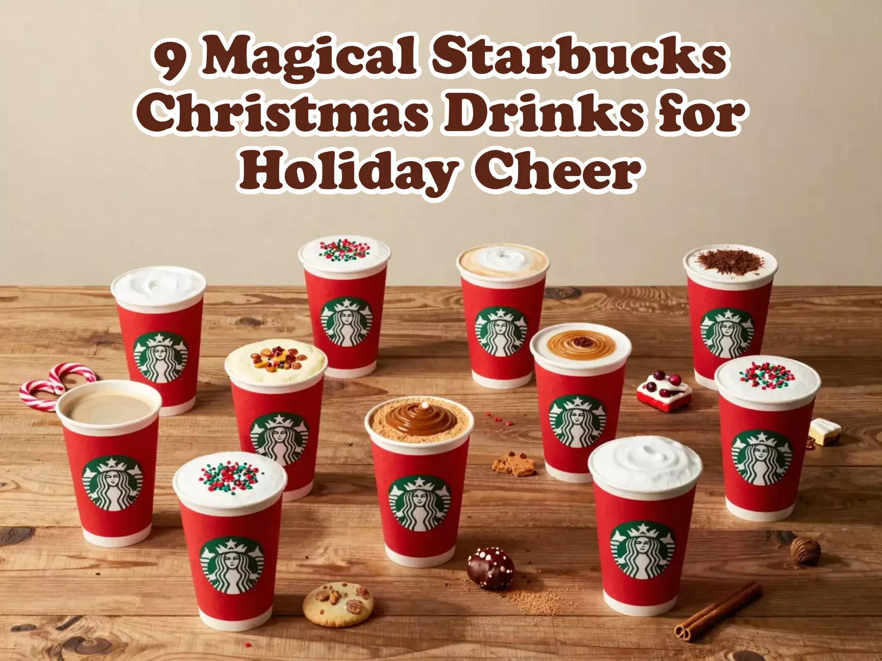 Nine starbucks red cups diagonal flat lay holiday elements main