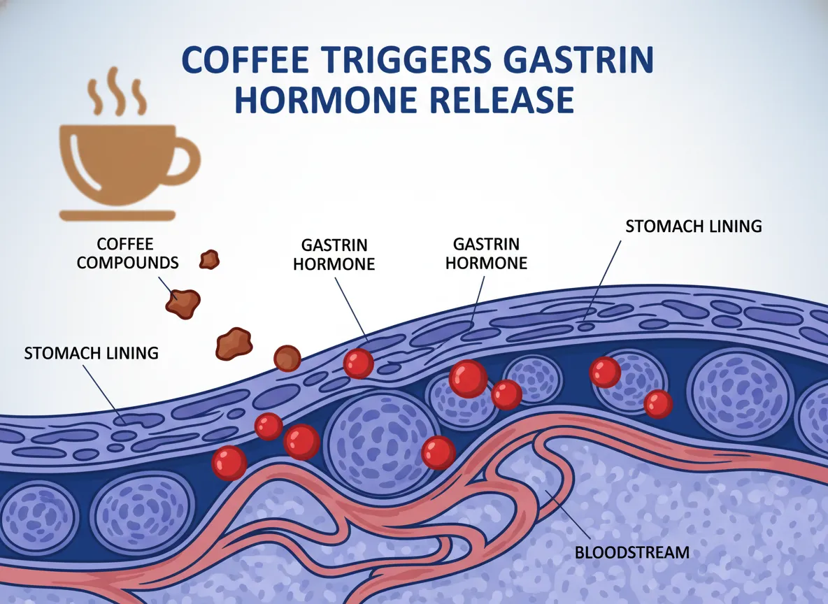 Coffee triggers gastrin hormone release in the stomach lining