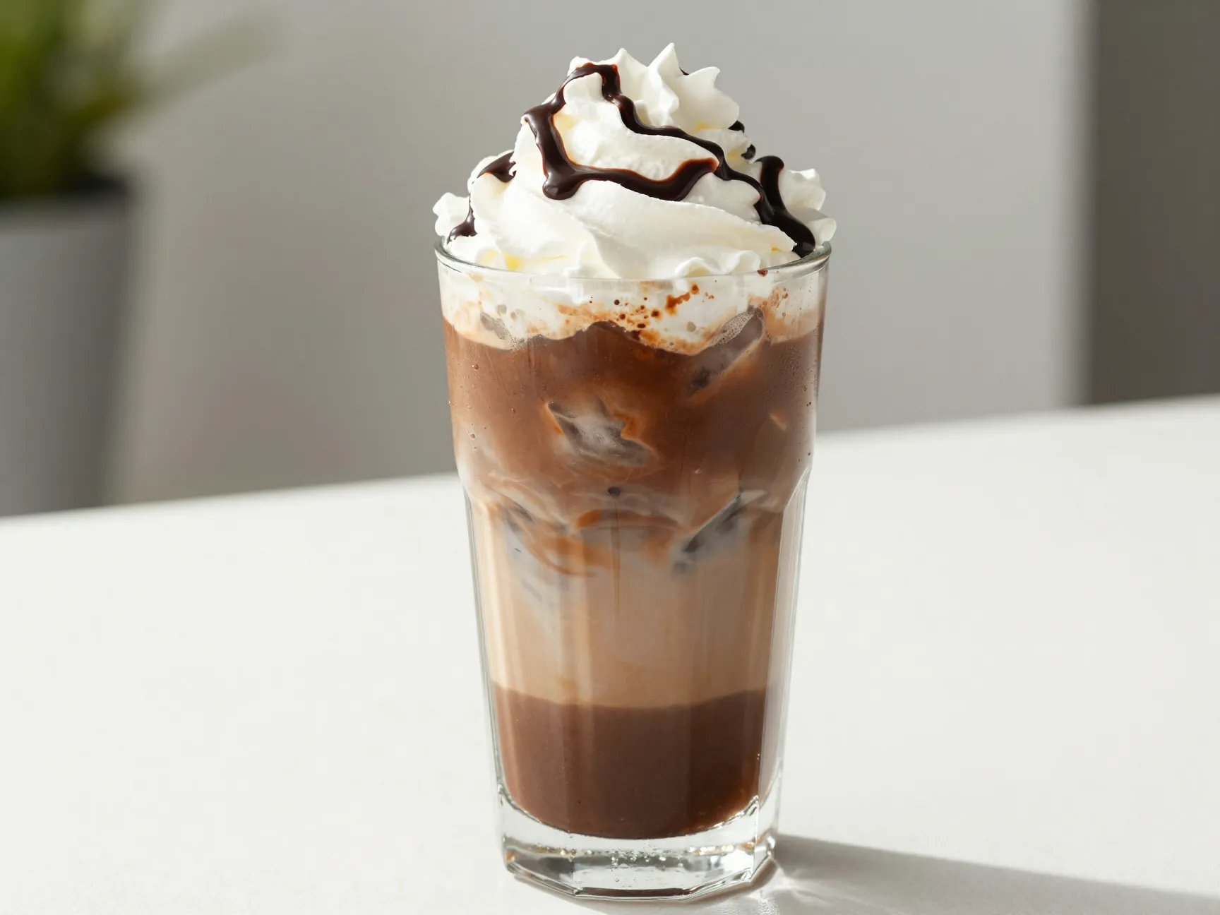 Iced mocha latte in tall glass with ice cubes whipped cream