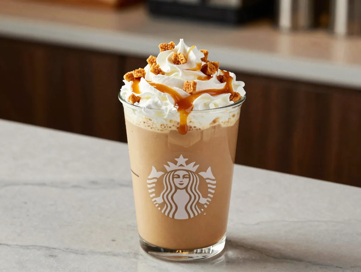 Indulgent caramel brulee latte with whipped cream and crunchy topping pieces