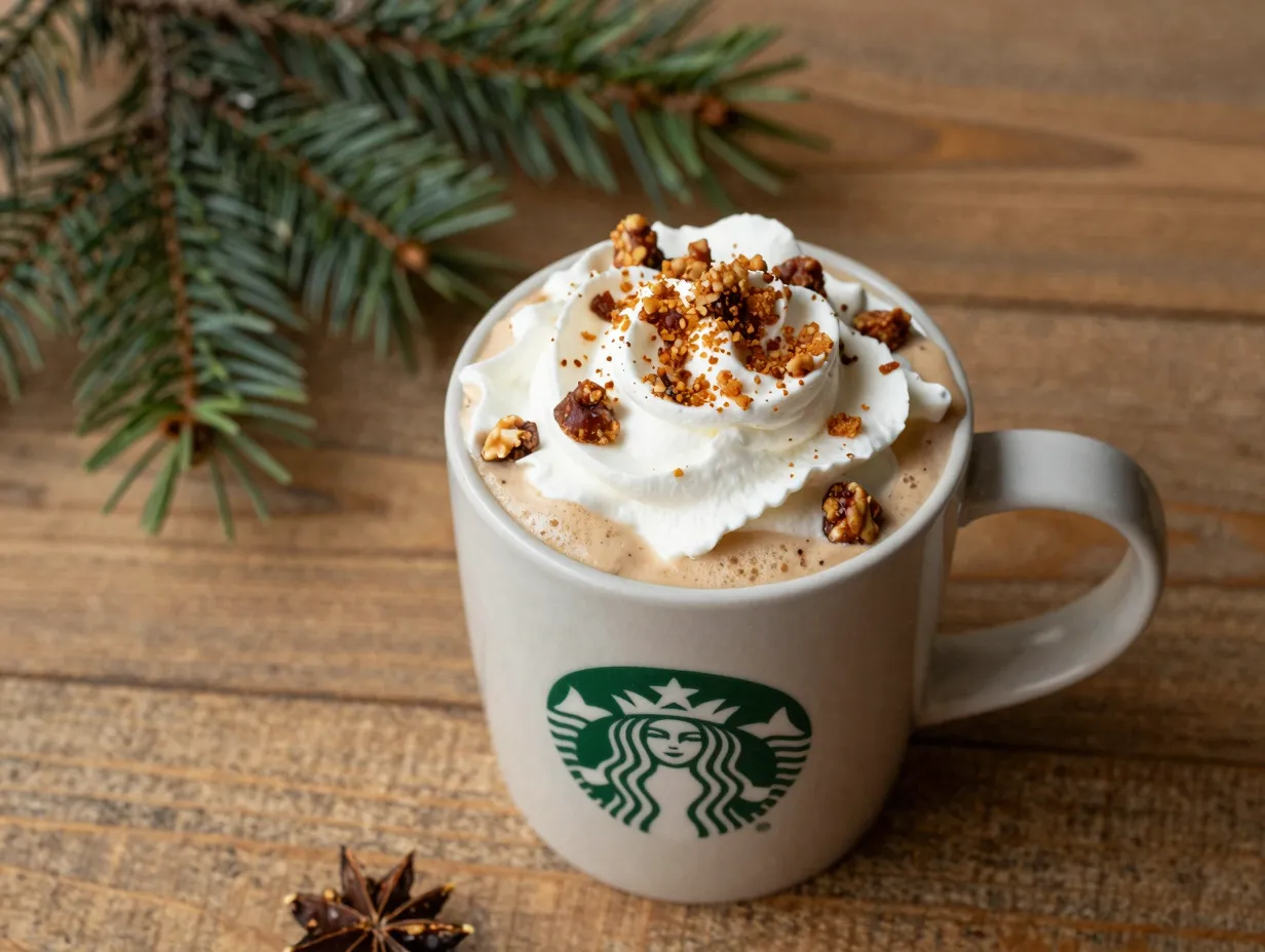 Warm chestnut praline latte with whipped cream and spiced crumbles