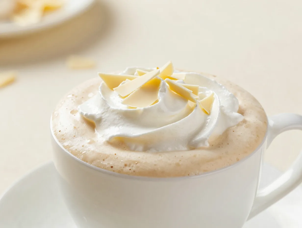 White chocolate mocha latte garnished with white chocolate shavings