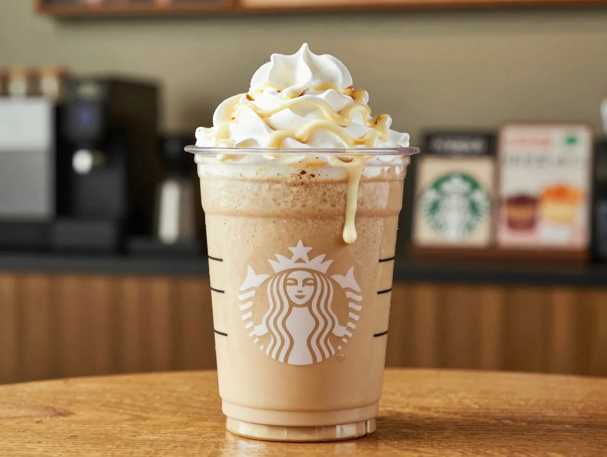 Creamy toasted white chocolate mocha in a clear cup with drizzle