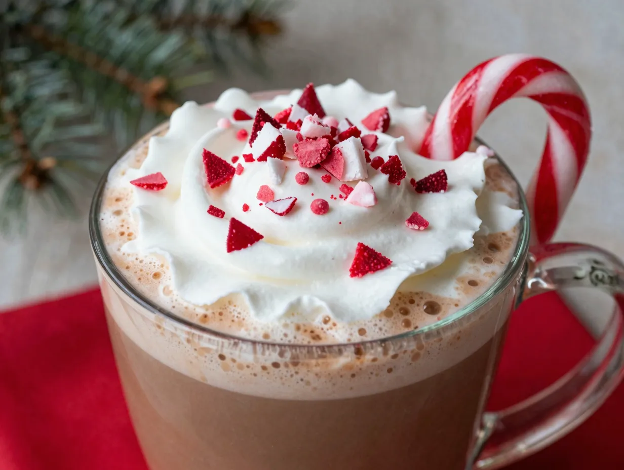 Peppermint mocha latte garnished with crushed candy cane