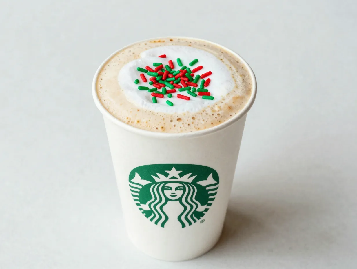 Dairy free sugar cookie almondmilk latte with red and green sprinkles