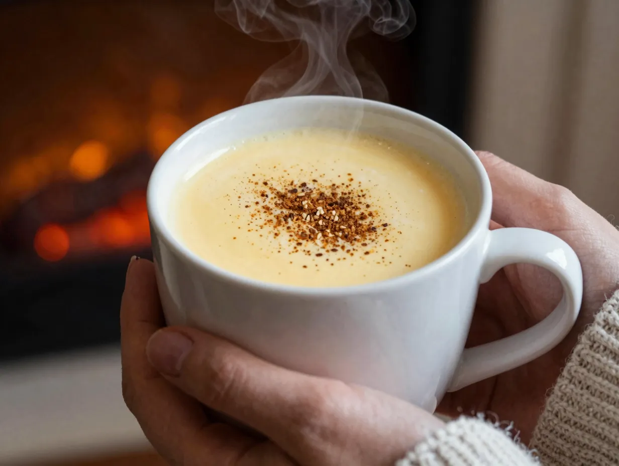 Rich traditional eggnog latte in a mug with nutmeg dusting