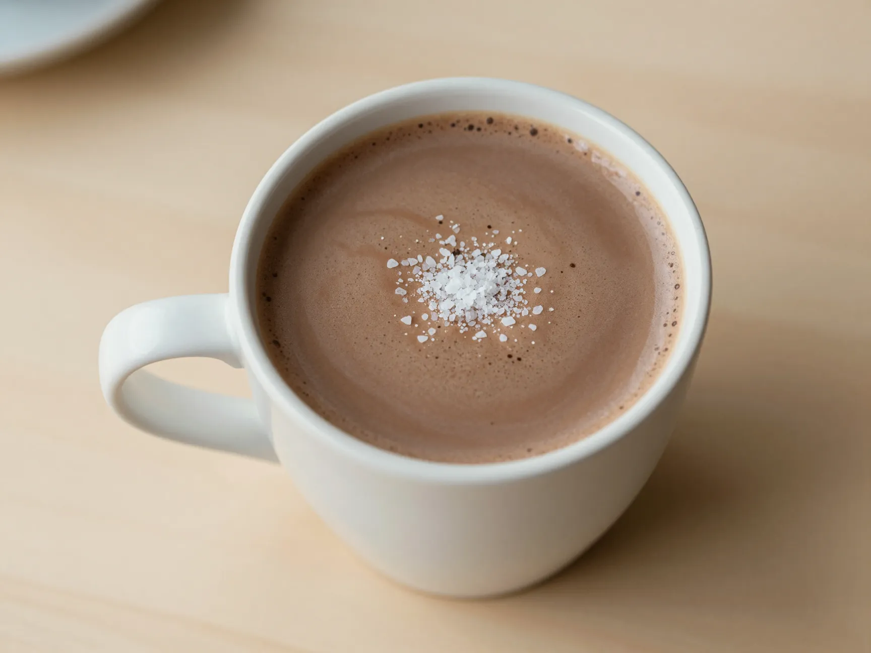 Vegan oat milk mocha latte in mug with sea salt pinch