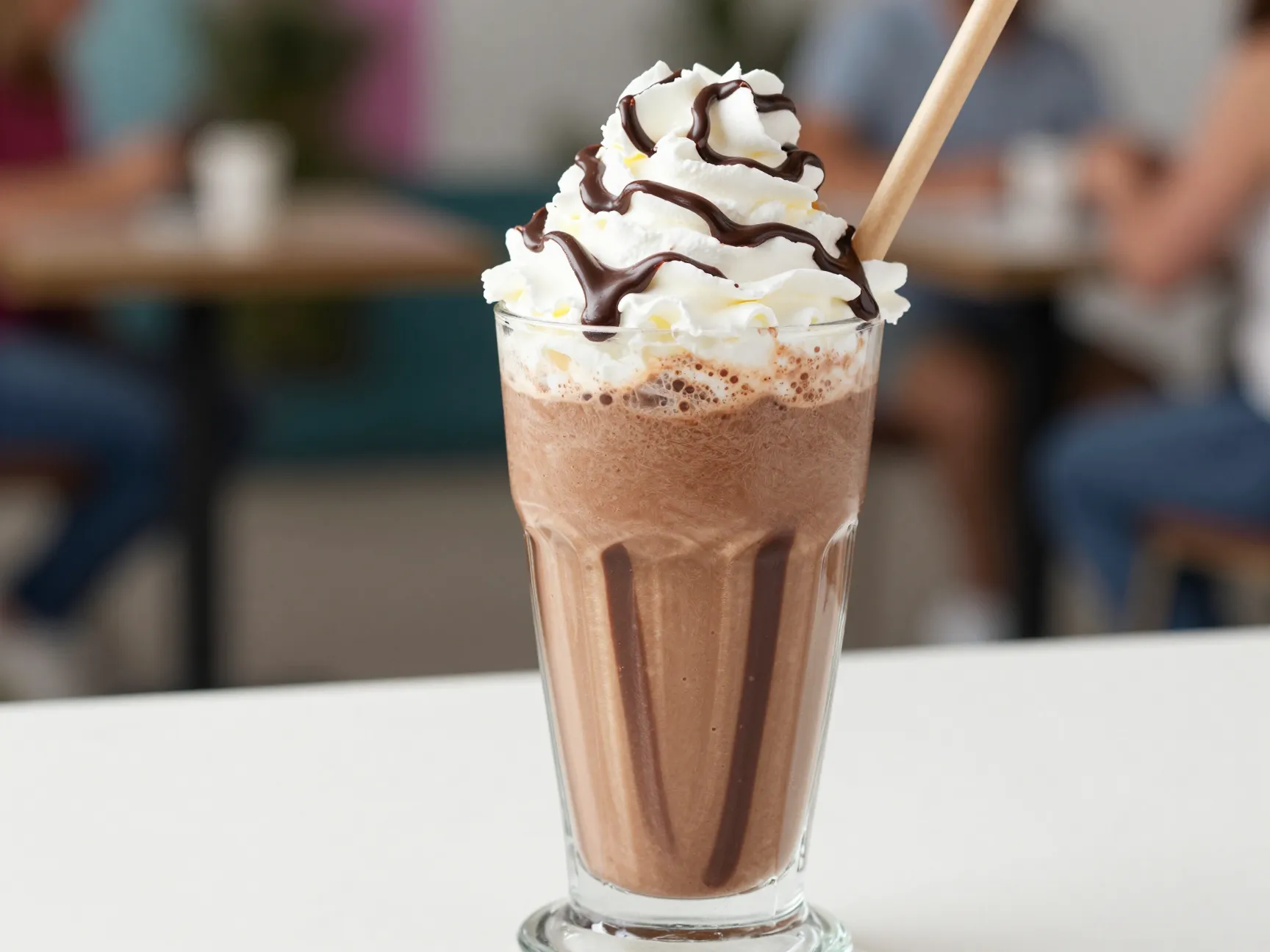 Frozen mocha frappe in glass with whipped cream chocolate drizzle