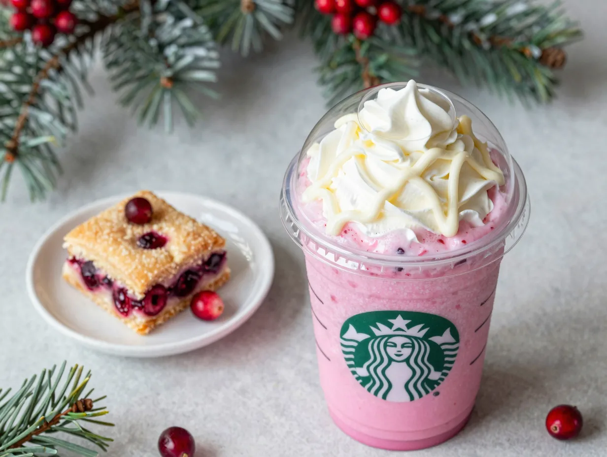 Festive cranberry bliss bar frappuccino with white chocolate drizzle