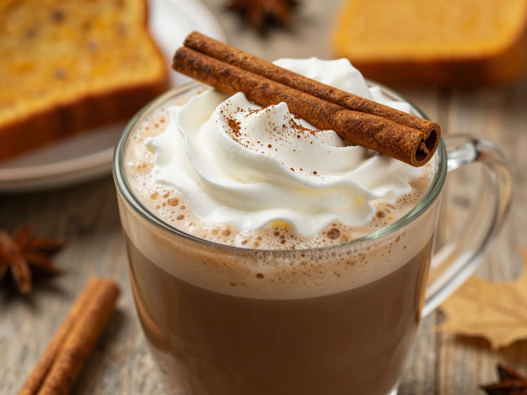 Spiced mocha latte garnished with cinnamon stick whipped cream