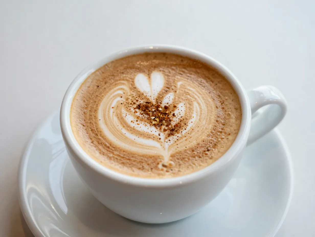 Spiced holiday flat white with ristretto shots in a ceramic cup