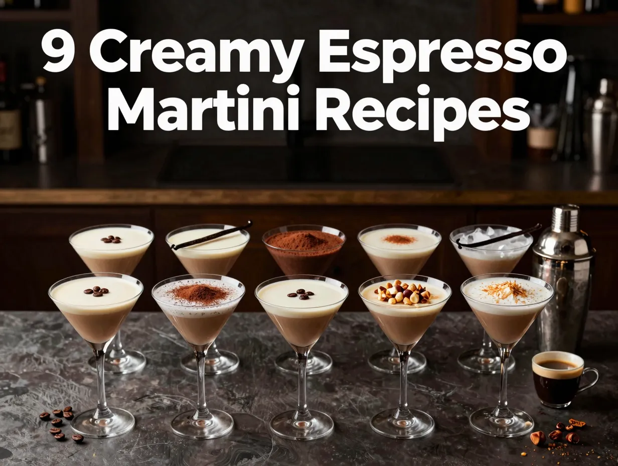 Creamy espresso martini recipes flat lay garnished glasses shaker