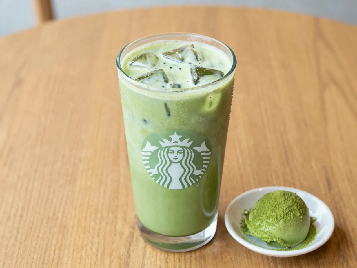 Iced pure matcha latte with oat milk in tall clear glass