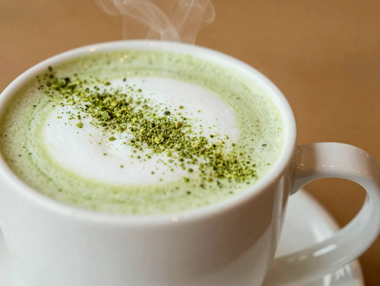 Hot pure matcha latte with steamed milk and matcha sprinkle