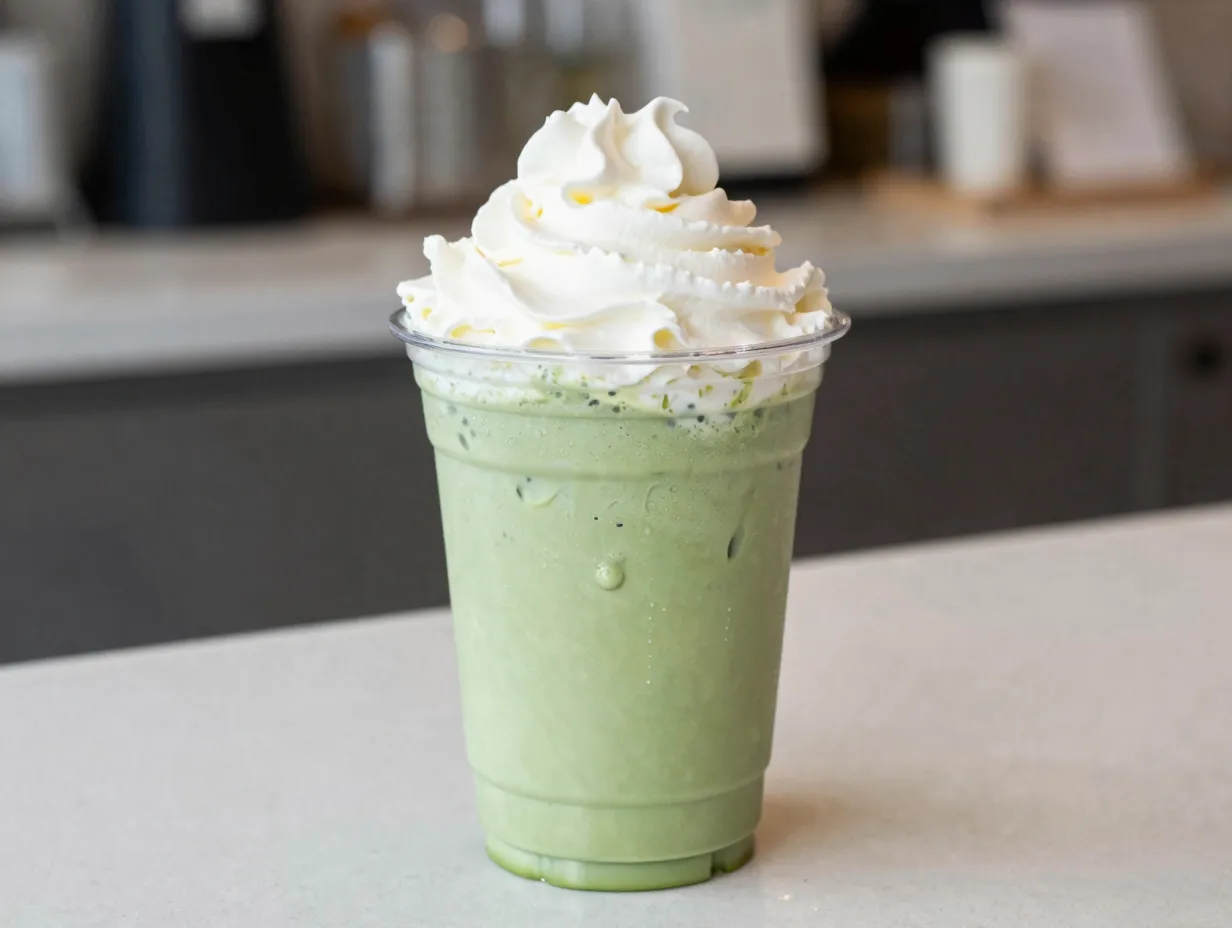 Matcha cream frappuccino with whipped cream in clear cup