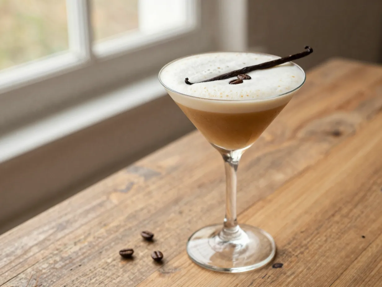 Vanilla creamy espresso martini with vanilla bean garnish