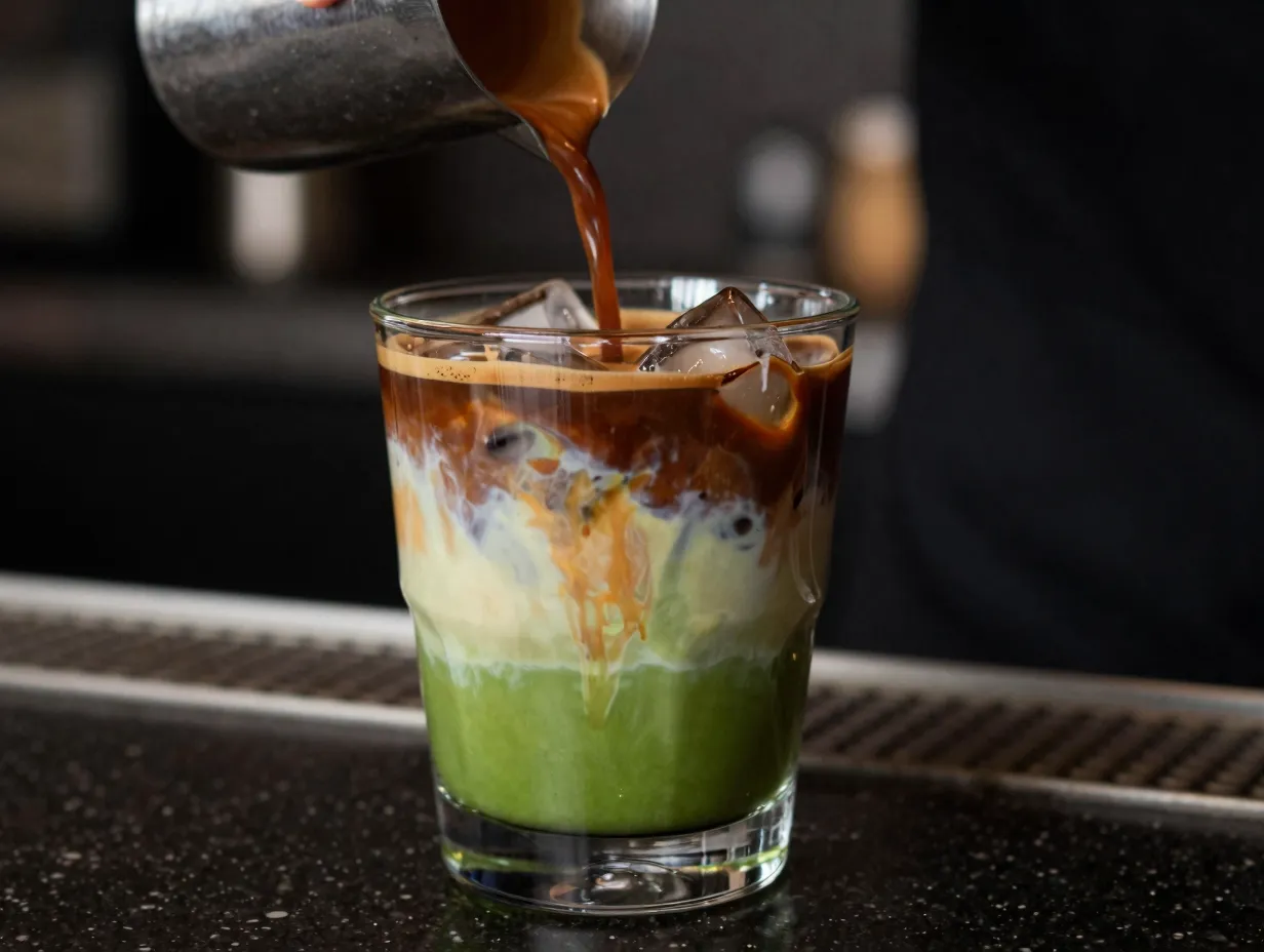 Iced matcha and espresso fusion layered in clear glass