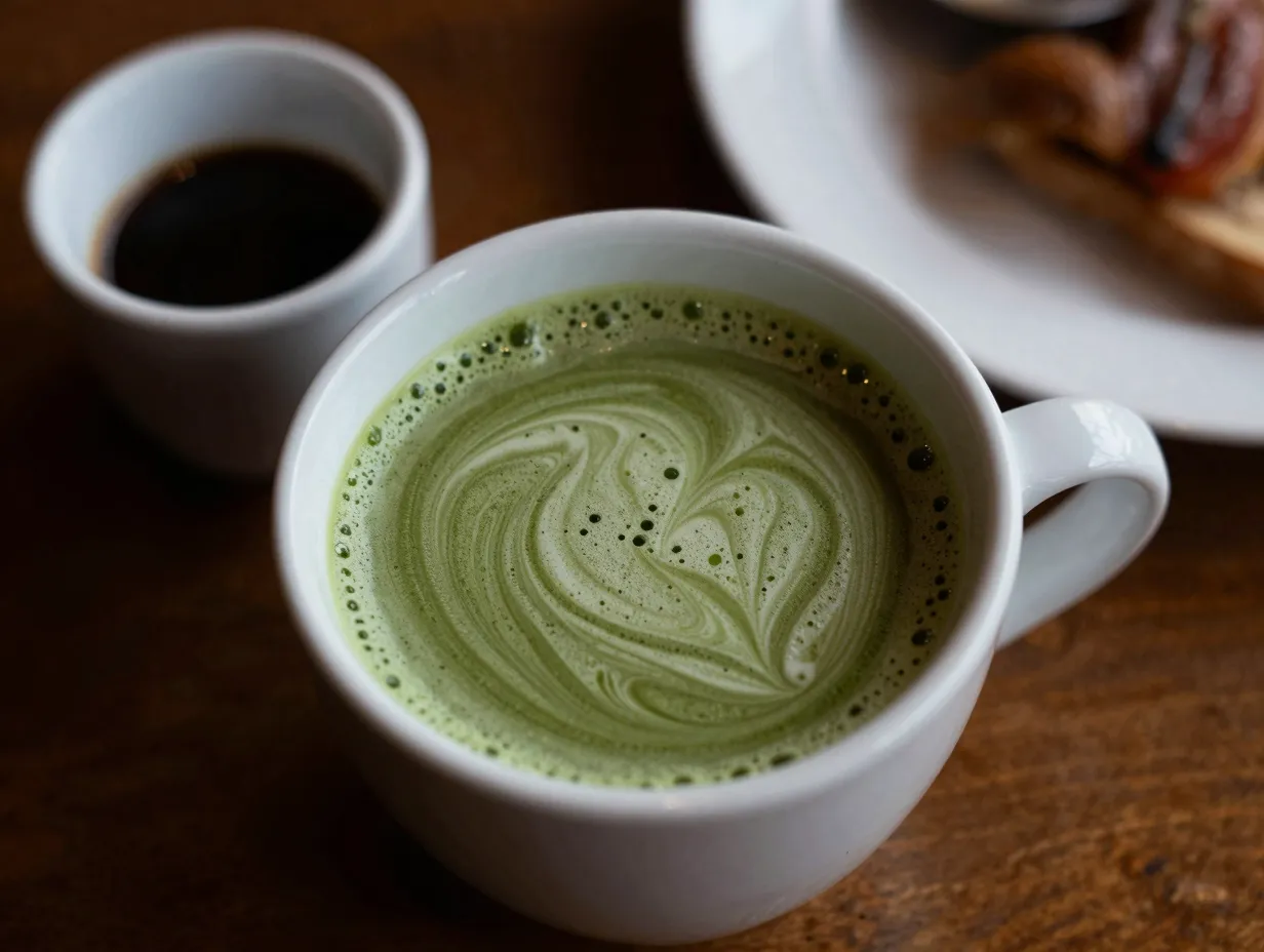 Hot matcha and espresso fusion in white ceramic mug