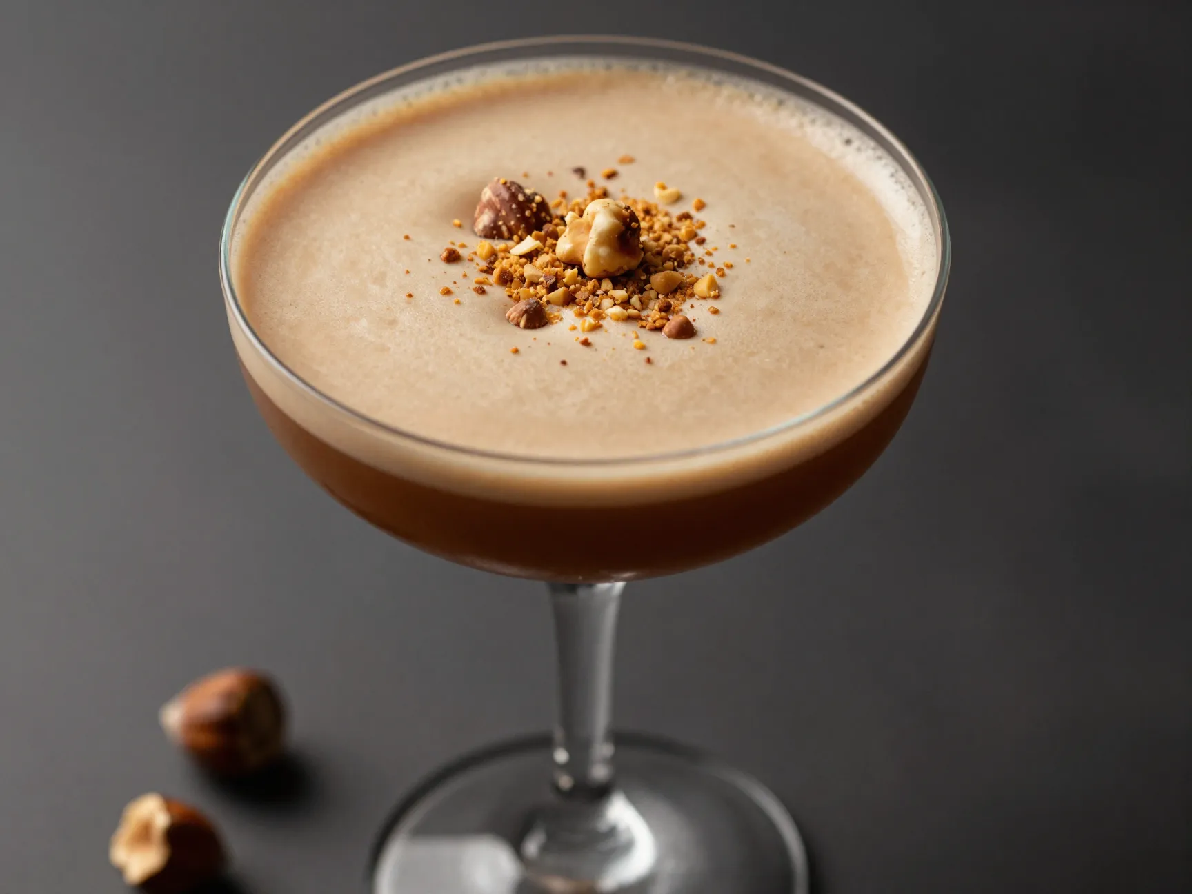 Hazelnut creamy espresso martini with crushed toasted hazelnuts