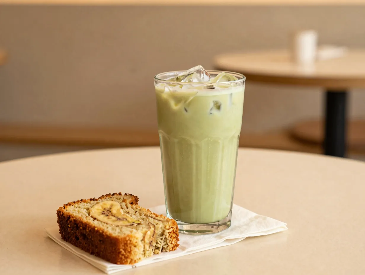 Iced banana bread matcha with whole milk in tall glass