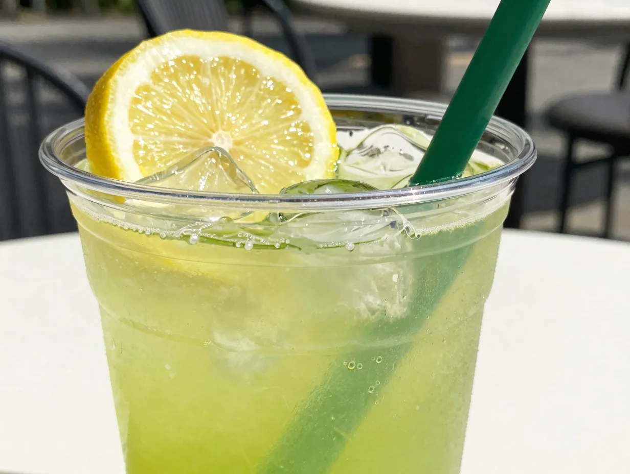 Matcha lemonade with ice in a clear plastic cup