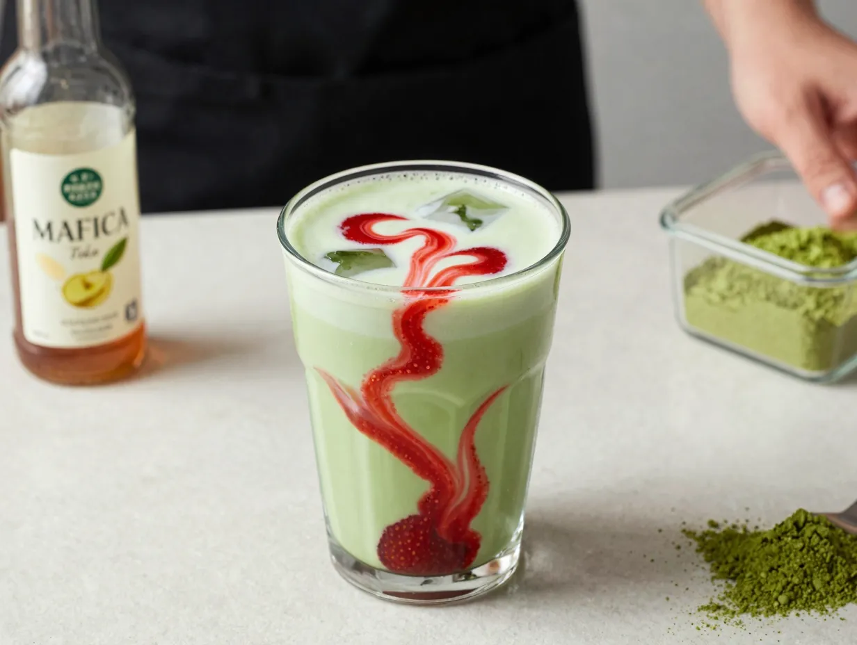 Customized iced matcha tea latte with strawberry puree swirl
