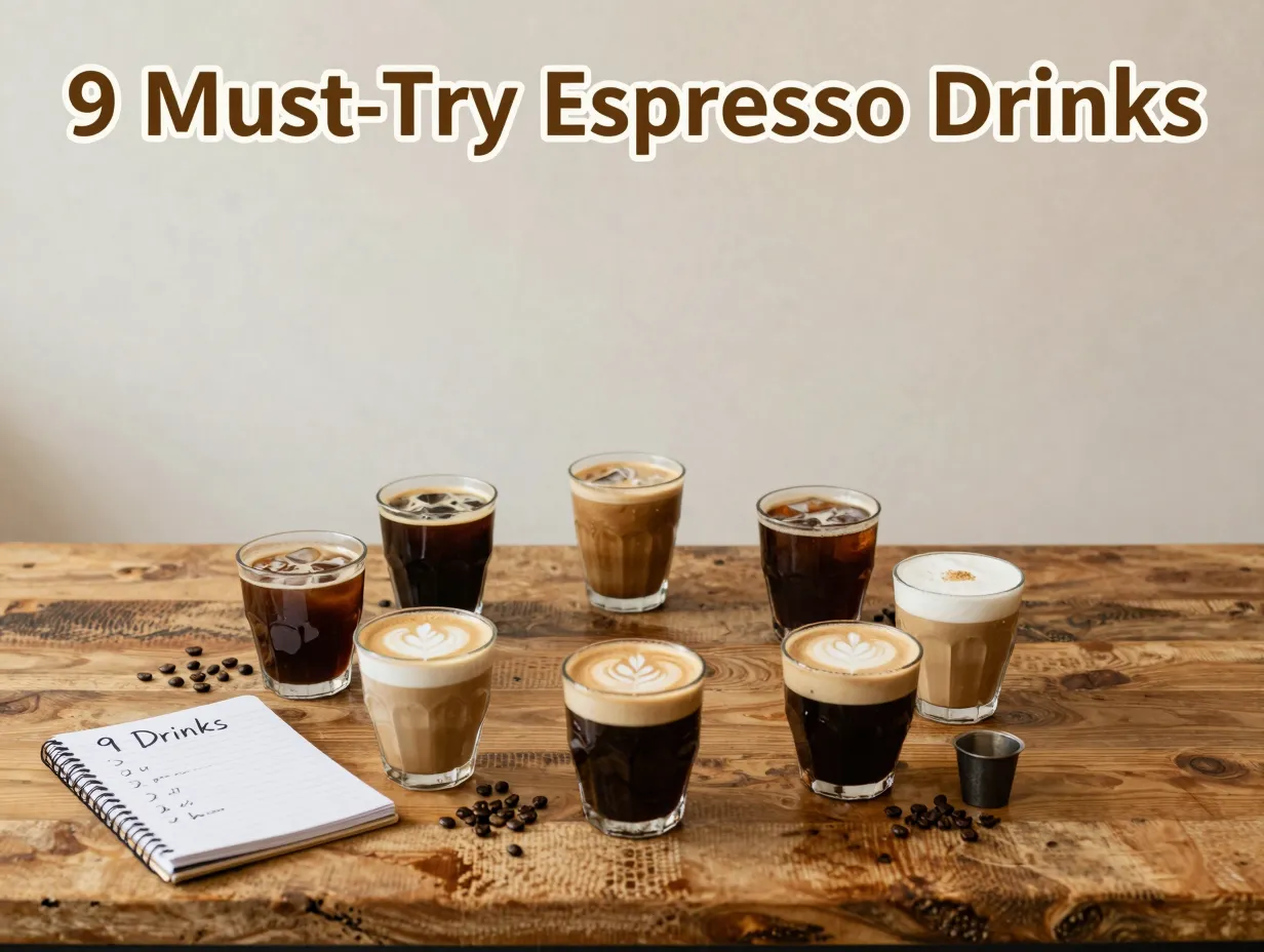 Nine espresso drinks on wood table with checklist and coffee beans