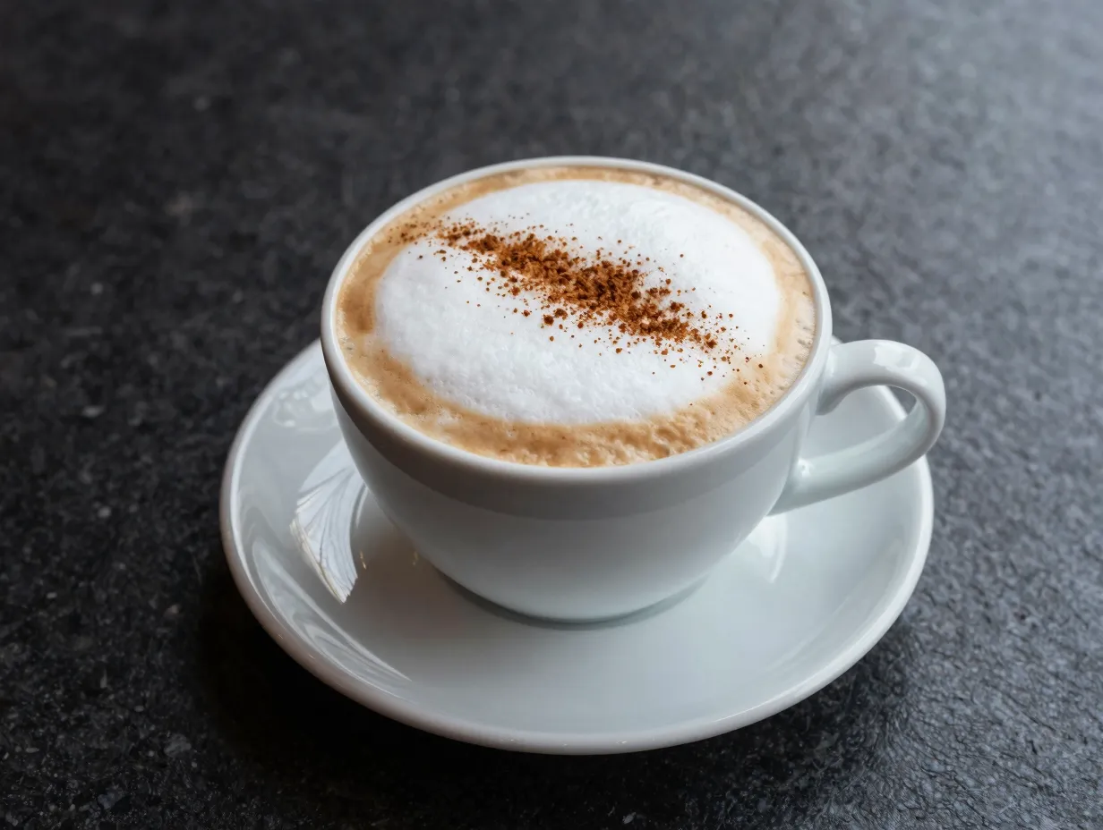 A classic cappuccino with equal thirds espresso steamed milk and thick foam